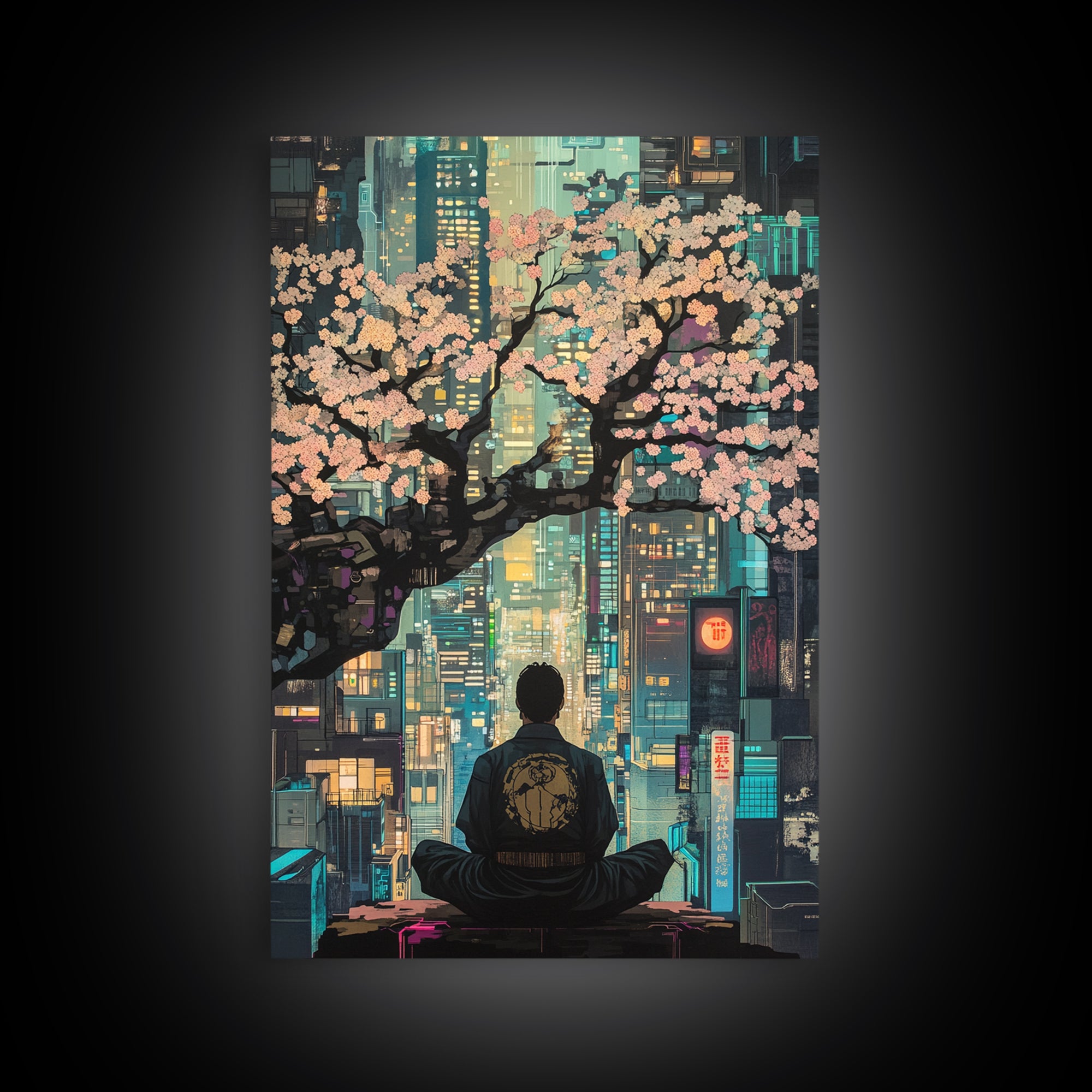 Cherry Blossoms Over Neon City Framed Canvas Print, Cyberpunk Japanese Wall Decor, Urban Zen Meditation Living Room Art Gift