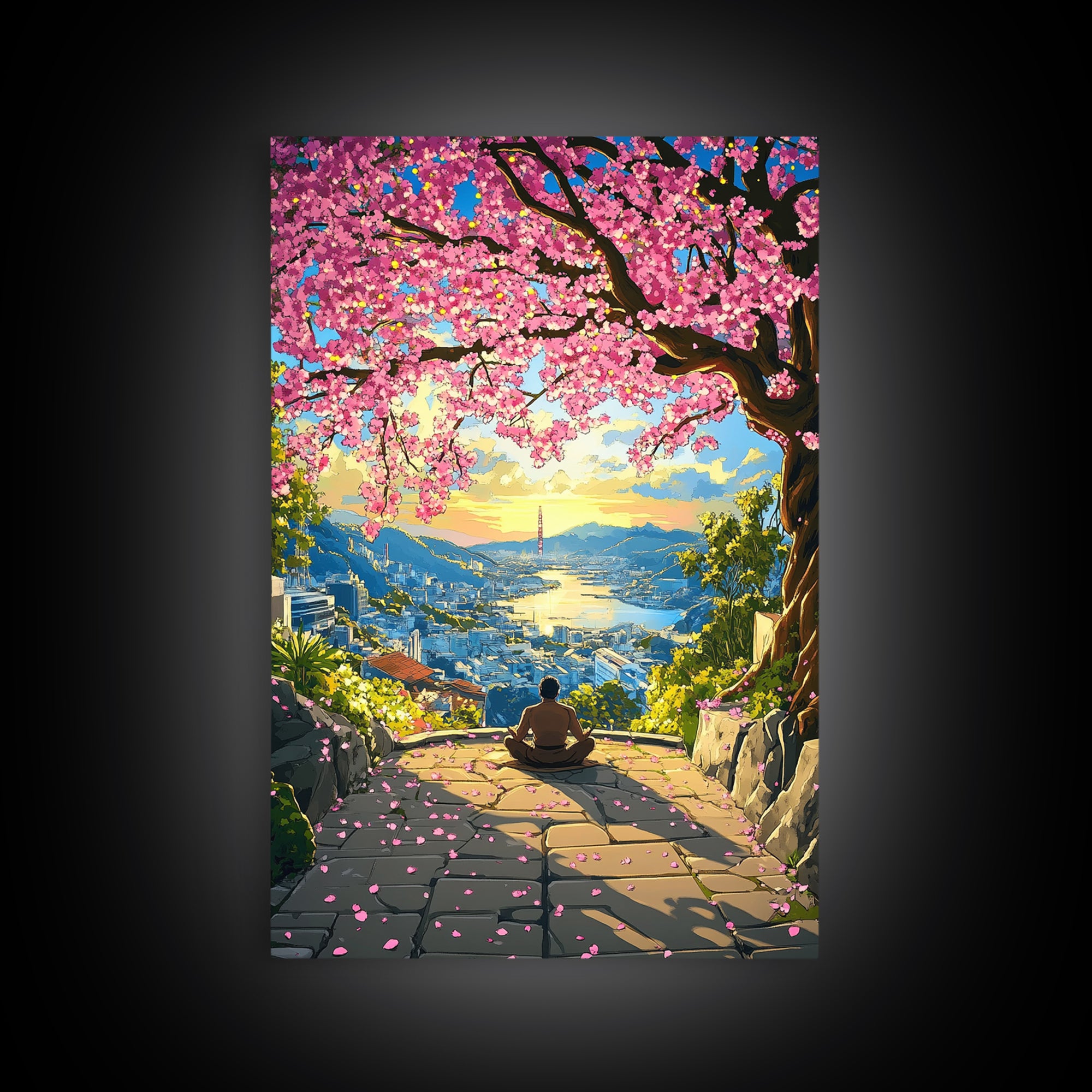 Sunset Cherry Blossom Bay Wall Art, Japanese Landscape Painting, Zen Meditation Decor, Colorful Coastal Living Room Print