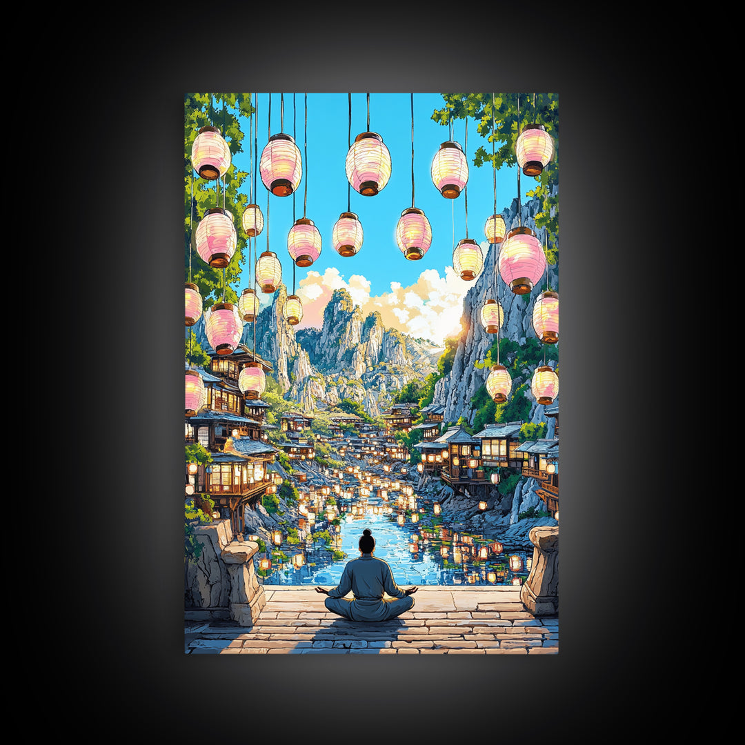 Lantern Mountain Village Canvas Print, Japanese Fantasy Landscape Art, Glowing River Decor, Zen Living Room Wall Art Gift