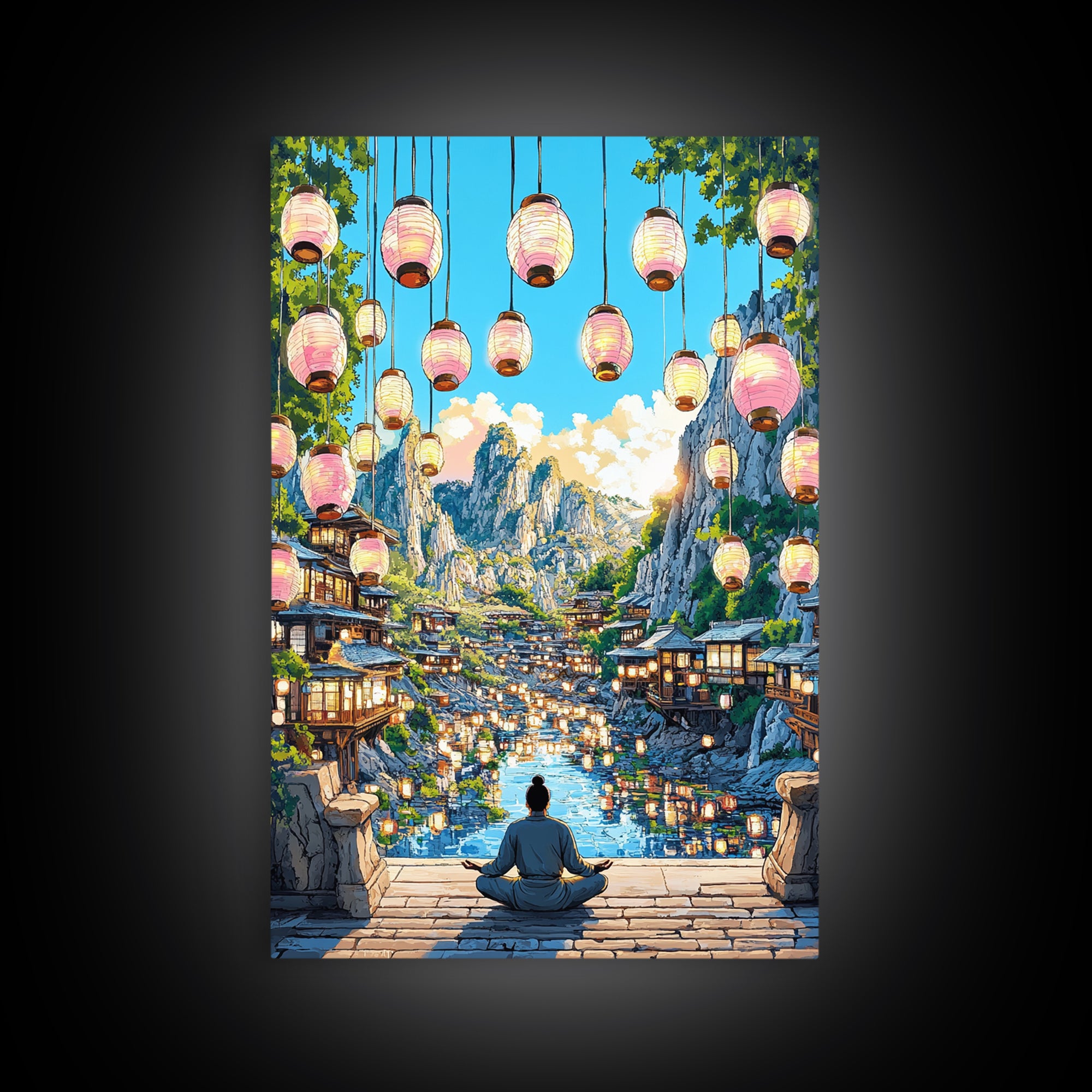 Lantern Mountain Village Canvas Print, Japanese Fantasy Landscape Art, Glowing River Decor, Zen Living Room Wall Art Gift