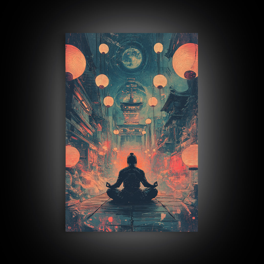 Moonlit Red Lantern Meditation Wall Art, Dark Japanese Fantasy Decor, Moody Zen Canvas Wall Art, Spiritual Room Print, Gift For Him
