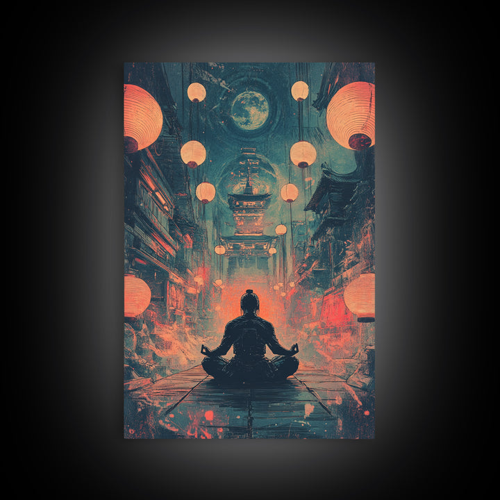 Moonlit Red Lantern Meditation Wall Art, Dark Japanese Fantasy Decor, Moody Zen Canvas Wall Art, Spiritual Room Print, Gift For Him