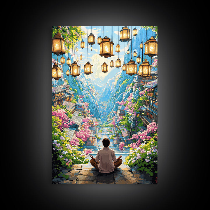 Hanging Lantern Valley Framed Canvas Print, Japanese Mountain Village Wall Decor, Floral Zen Landscape Living Room Art Gift