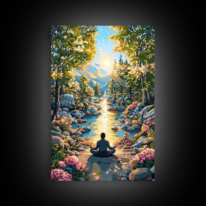 Golden Mountain River Meditation Canvas Print, Sunlit Nature Wall Art, Peaceful Zen Decor, Calming Living Room Art, Housewarming Gift