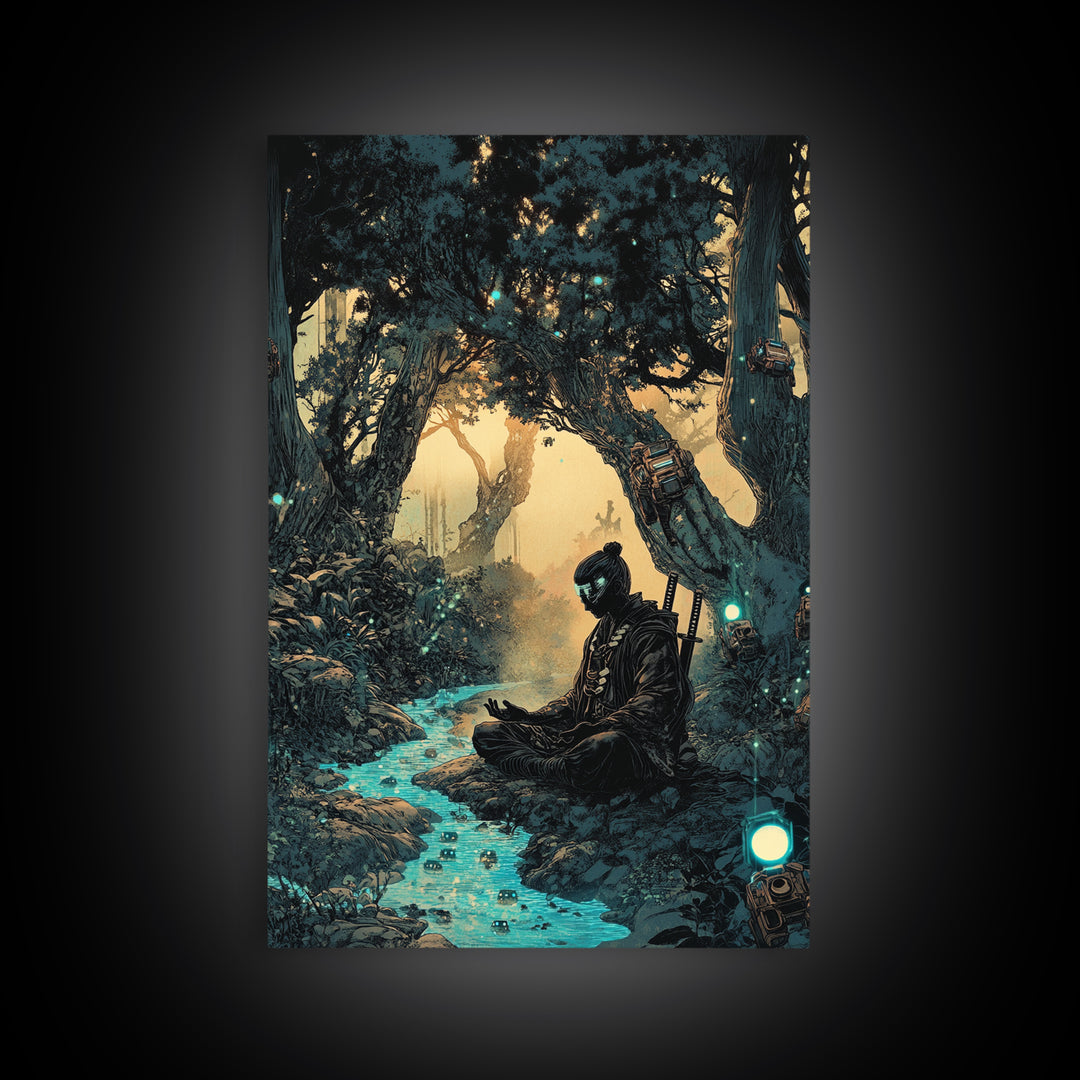 Meditating Samurai In Glowing Forest Stream Wall Art, Japanese Zen Decor, Fantasy Landscape Print, Moody Office Decor Gift
