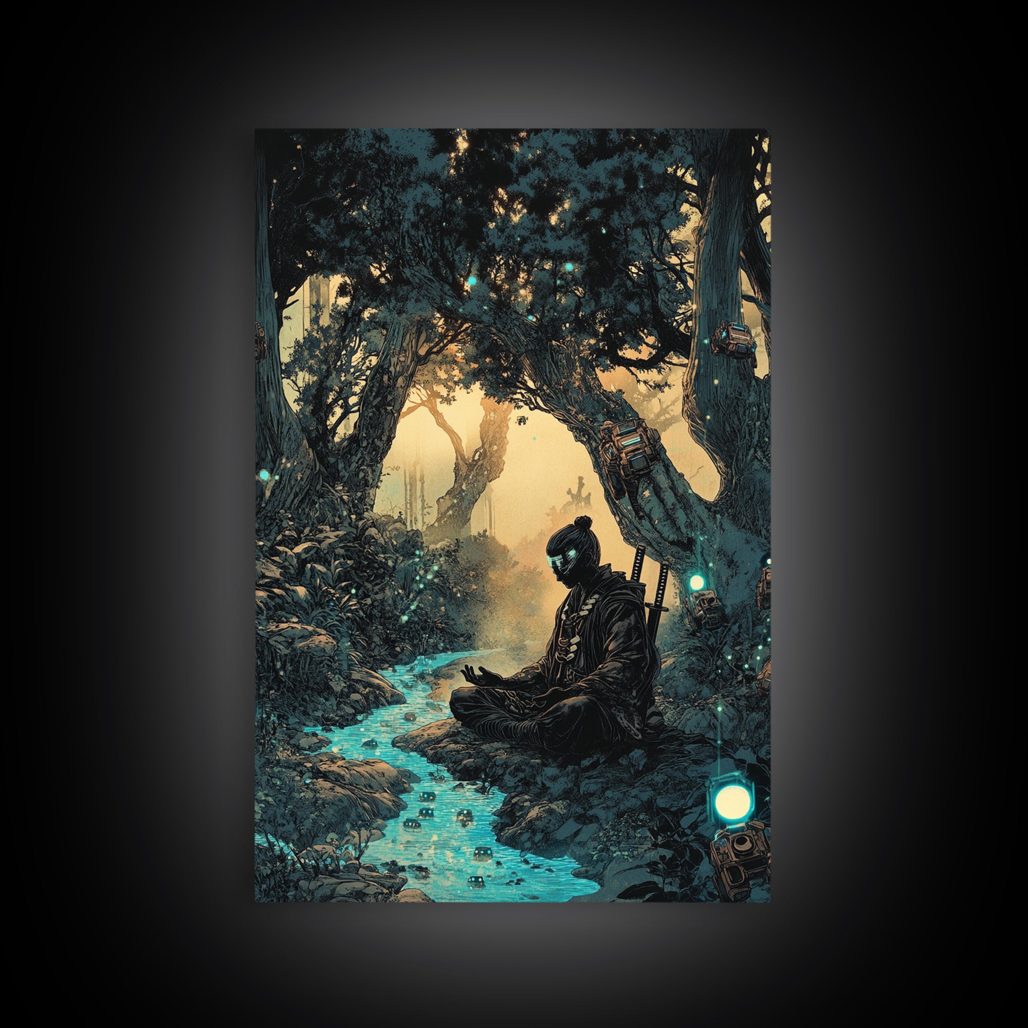 Meditating Samurai In Glowing Forest Stream Wall Art, Japanese Zen Decor, Fantasy Landscape Print, Moody Office Decor Gift