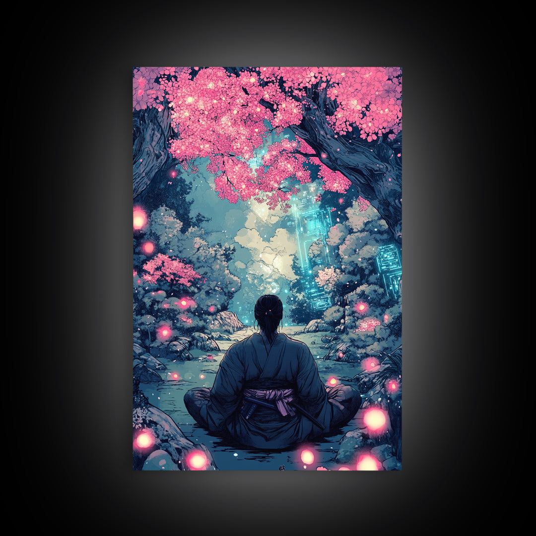 Mystical Samurai Under Pink Blossom Trees Wall Art, Japanese Fantasy Decor, Cyberpunk Zen Print, Moody Bedroom Wall Decor