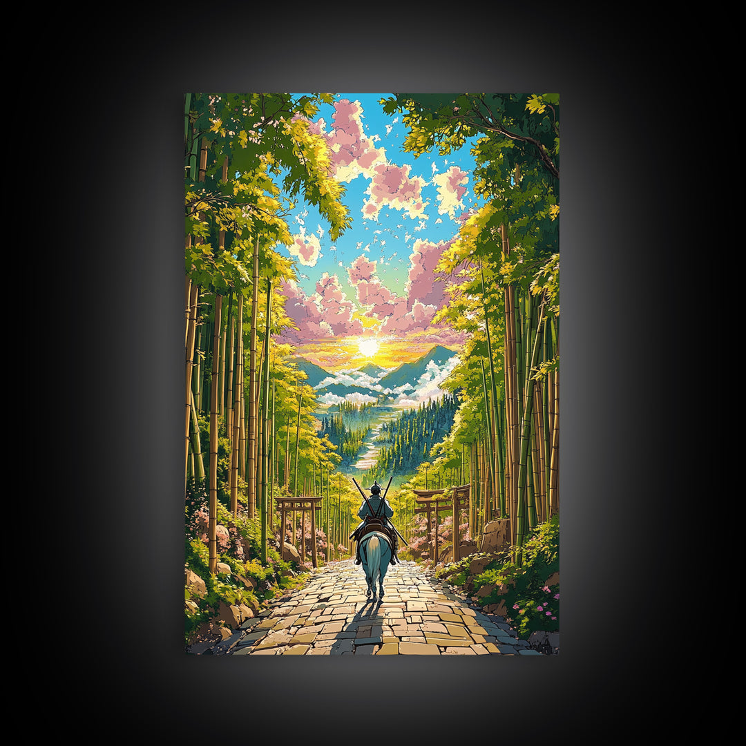 Samurai Rider On Bamboo Path At Sunset Framed Canvas Print, Japanese Landscape Wall Art, Zen Nature Home Decor, Gift For Her