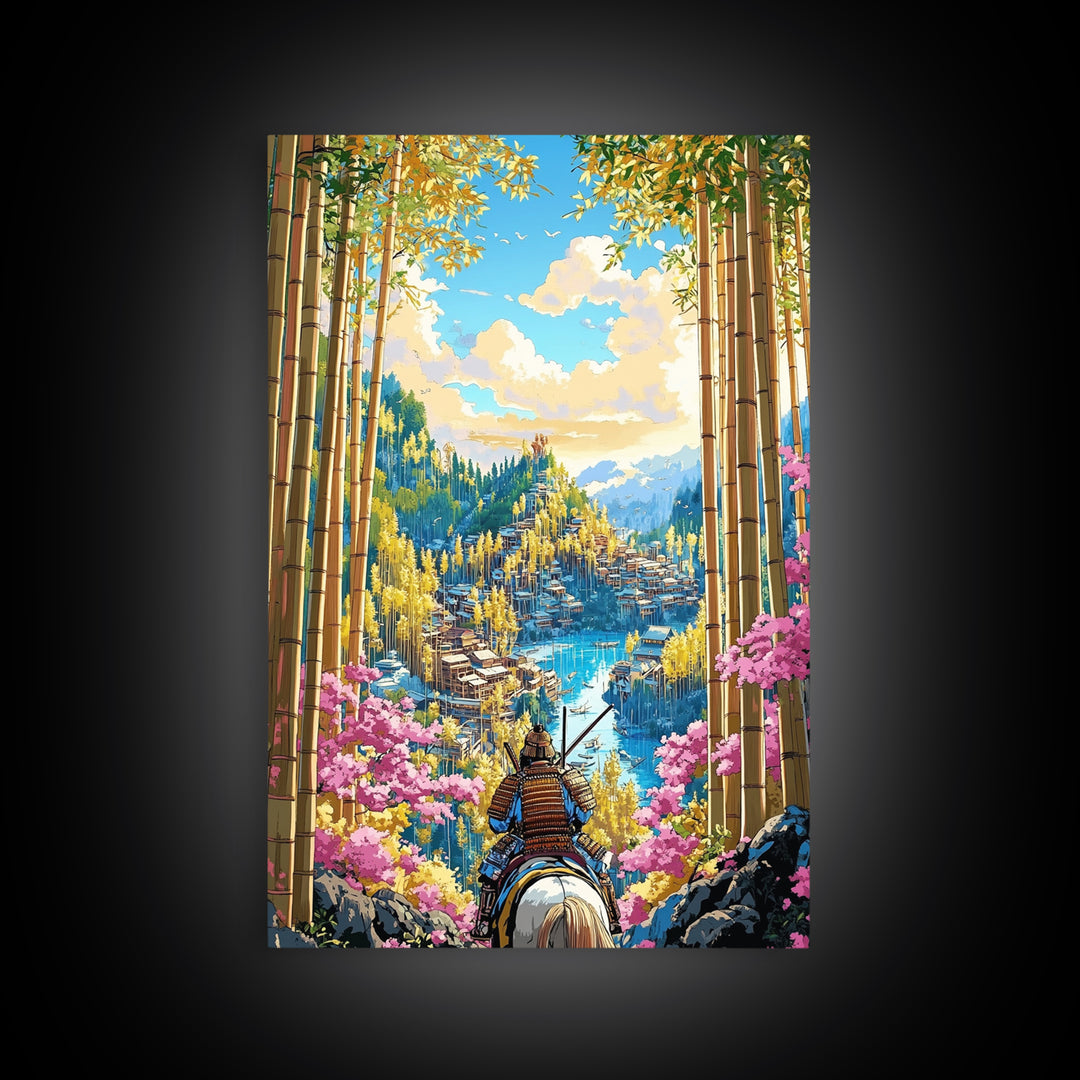 Armored Samurai Overlooking Lake City Framed Canvas Print, Japanese Bamboo Wall Art, Cherry Blossom Landscape, Home Decor