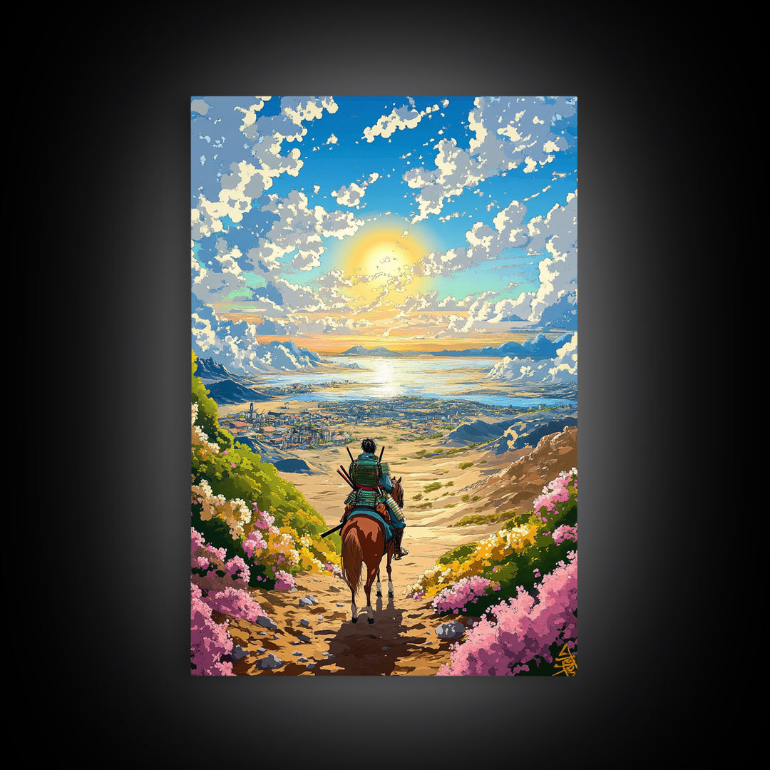 Samurai Rider Above Sunlit Ocean Valley Canvas Print, Japanese Landscape Wall Art, Coastal Mountain Decor, Colorful Print