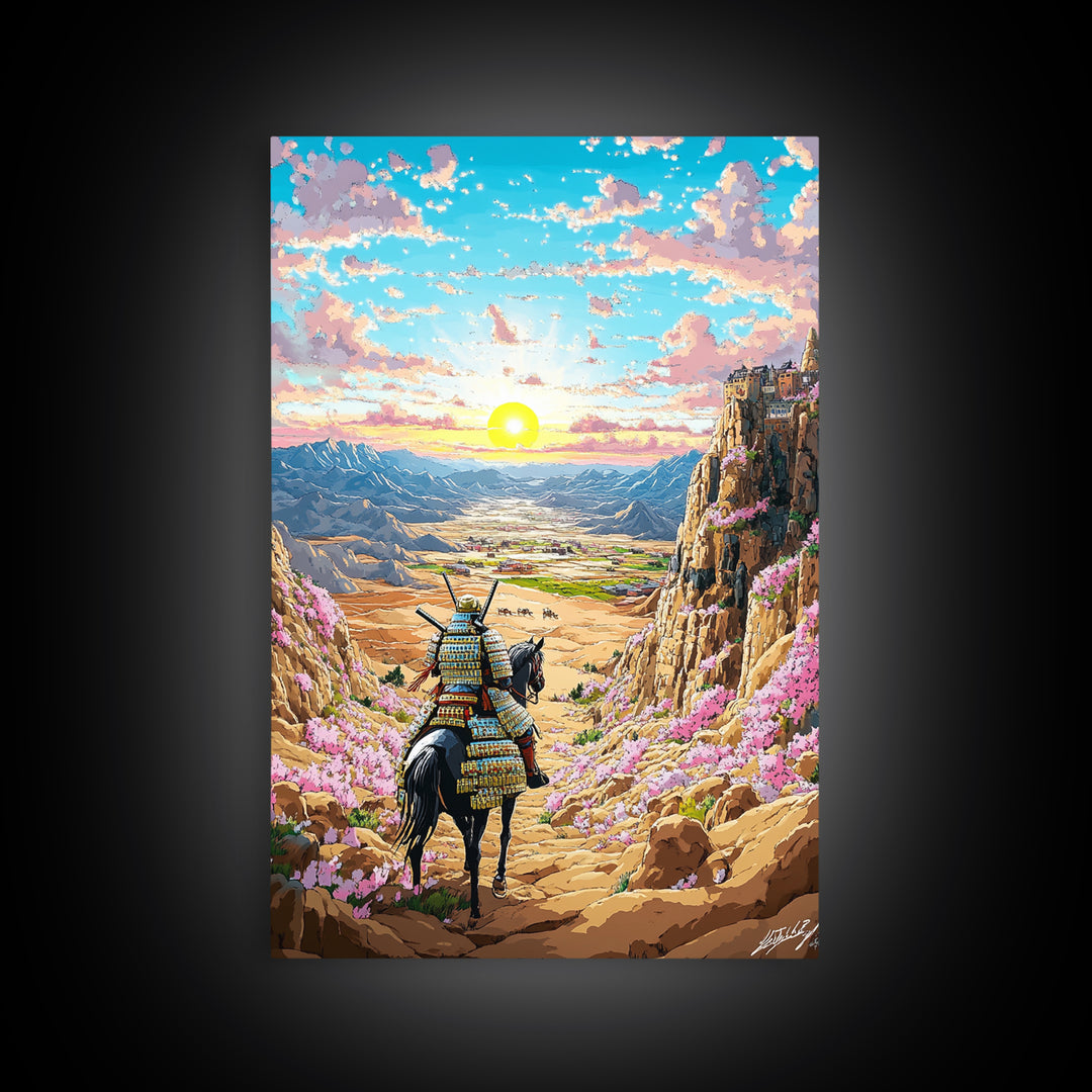 Armored Samurai Horse In Desert Canyon Sunrise Framed Canvas Print, Japanese Western Wall Art, Mountain Landscape Home Decor