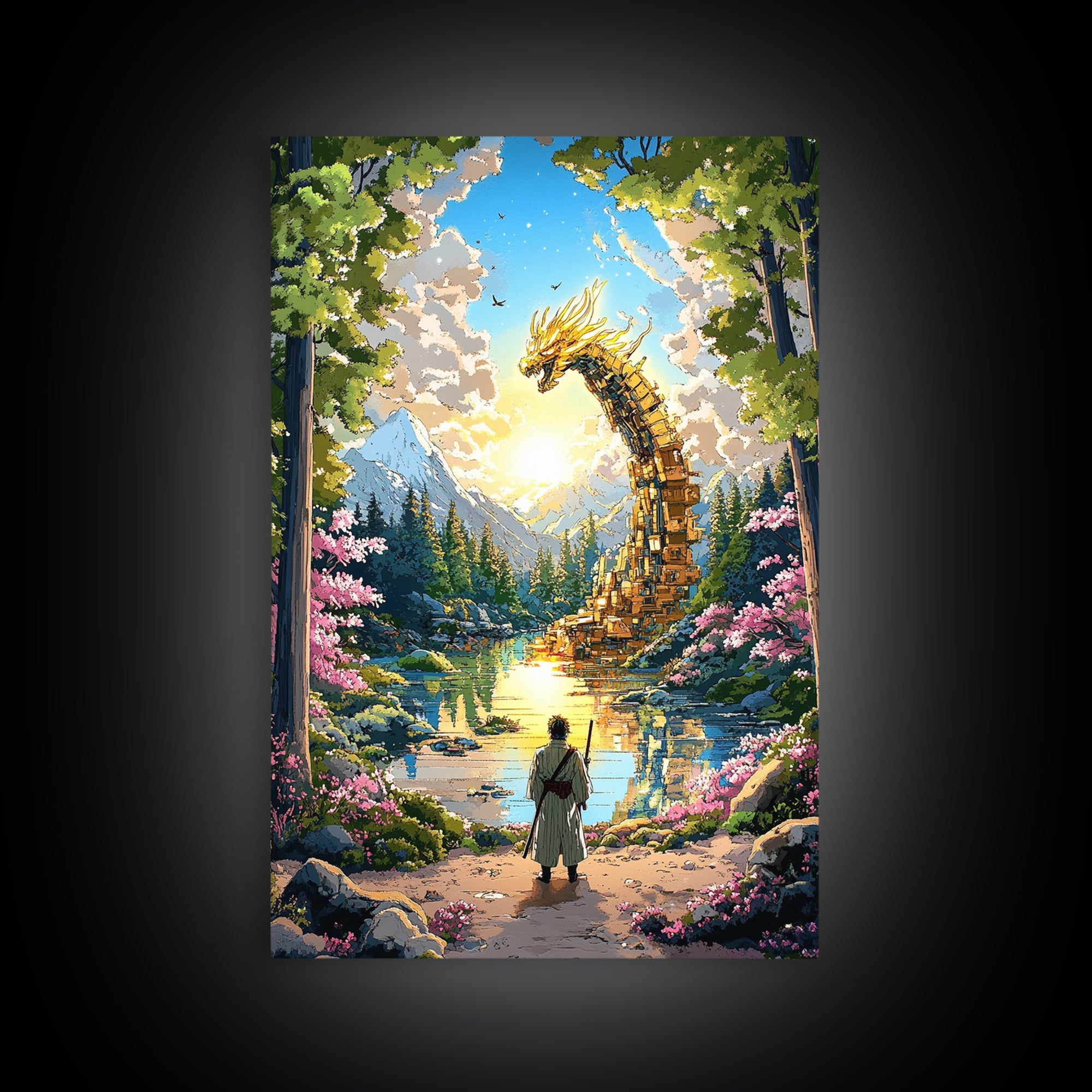 Golden Dragon Over Mountain Lake Canvas Print, Japanese Fantasy Art, Cherry Blossom Wall Decor, Samurai Living Room Art Print