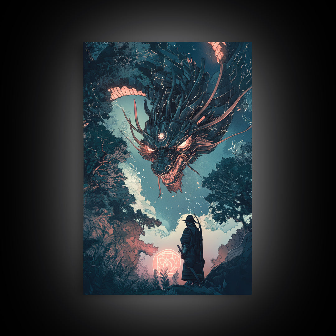 Dark Mechanical Dragon And Samurai Wall Art, Japanese Fantasy Poster, Cyberpunk Decor, Moody Sci Fi Living Room Art Print