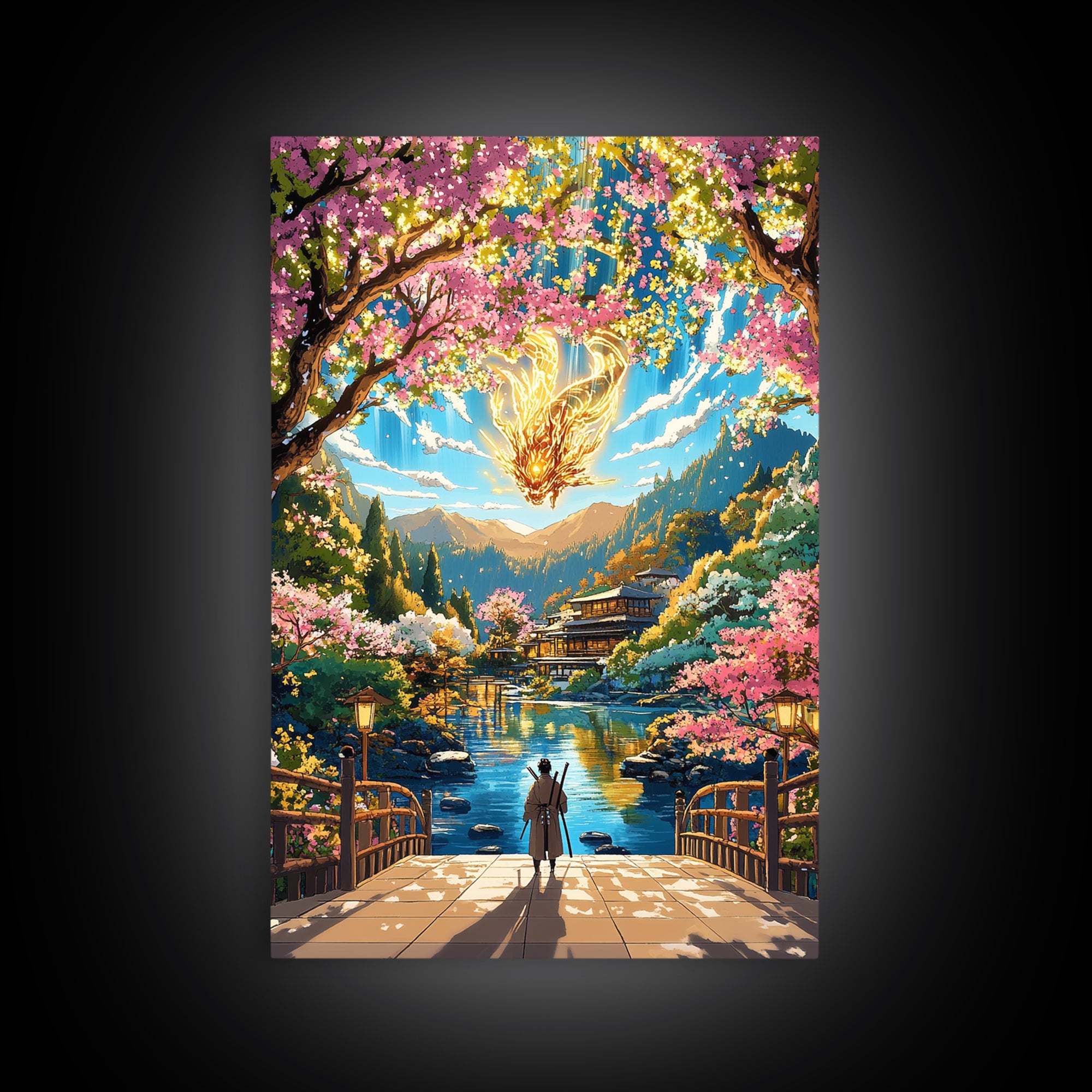 Glowing Dragon Above Cherry Blossom River Framed Canvas Print, Japanese Garden Wall Art, Colorful Fantasy Home Decor Print