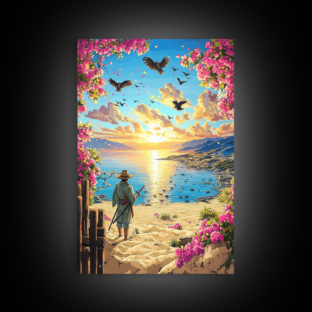 Samurai On Sunny Flower Framed Beach Canvas Print, Coastal Wall Art, Tropical Sunset Poster, Beach House Living Room Decor