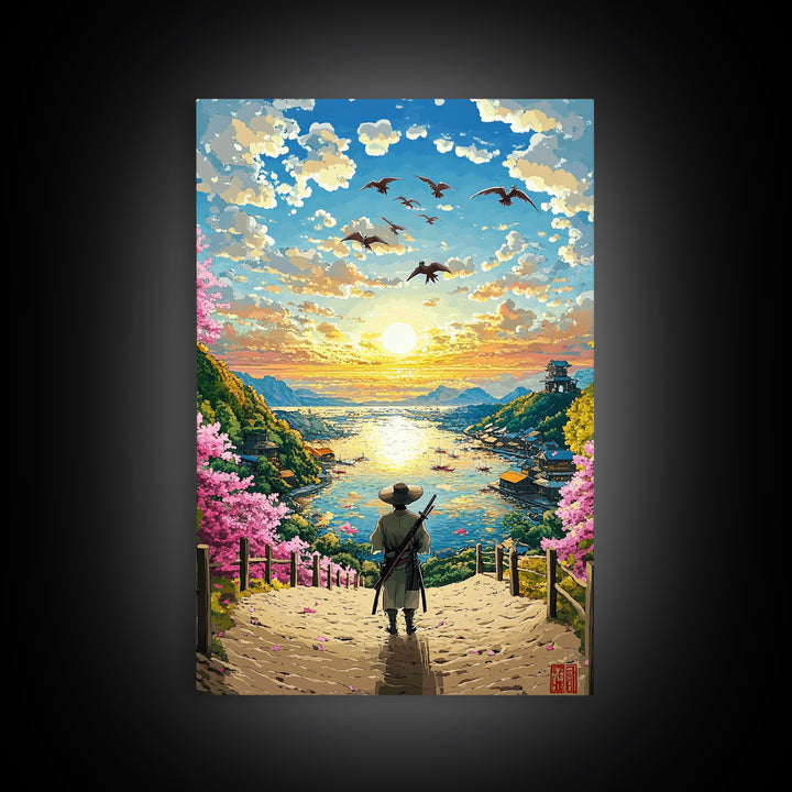 Samurai Overlooking Golden Coastal Village Wall Art, Japanese Seascape Print, Cherry Blossom Decor, Serene Living Room Art