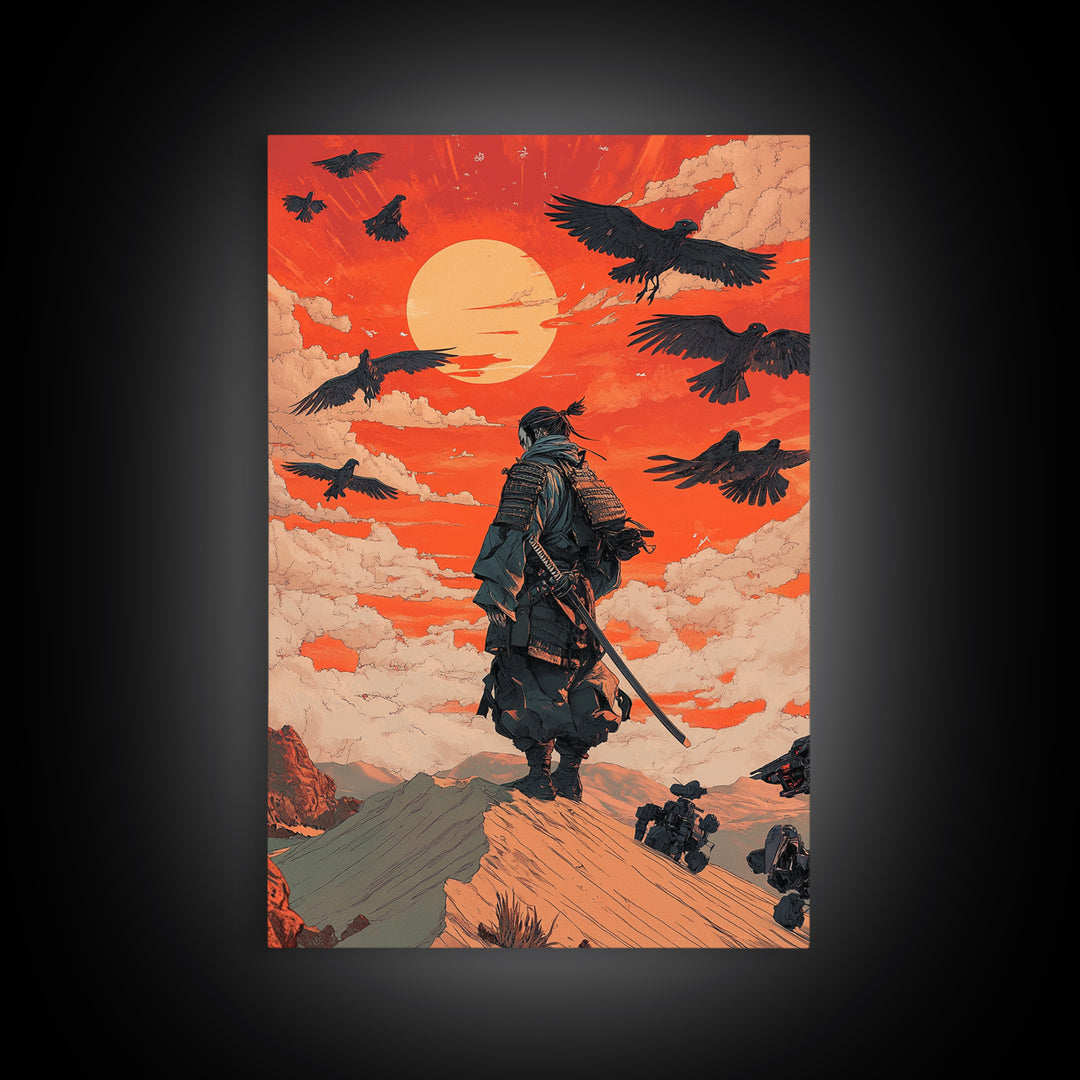 Armored Samurai Beneath Red Sunset And Ravens Canvas Print, Japanese Warrior Wall Art, Desert Fantasy Poster, Office Decor