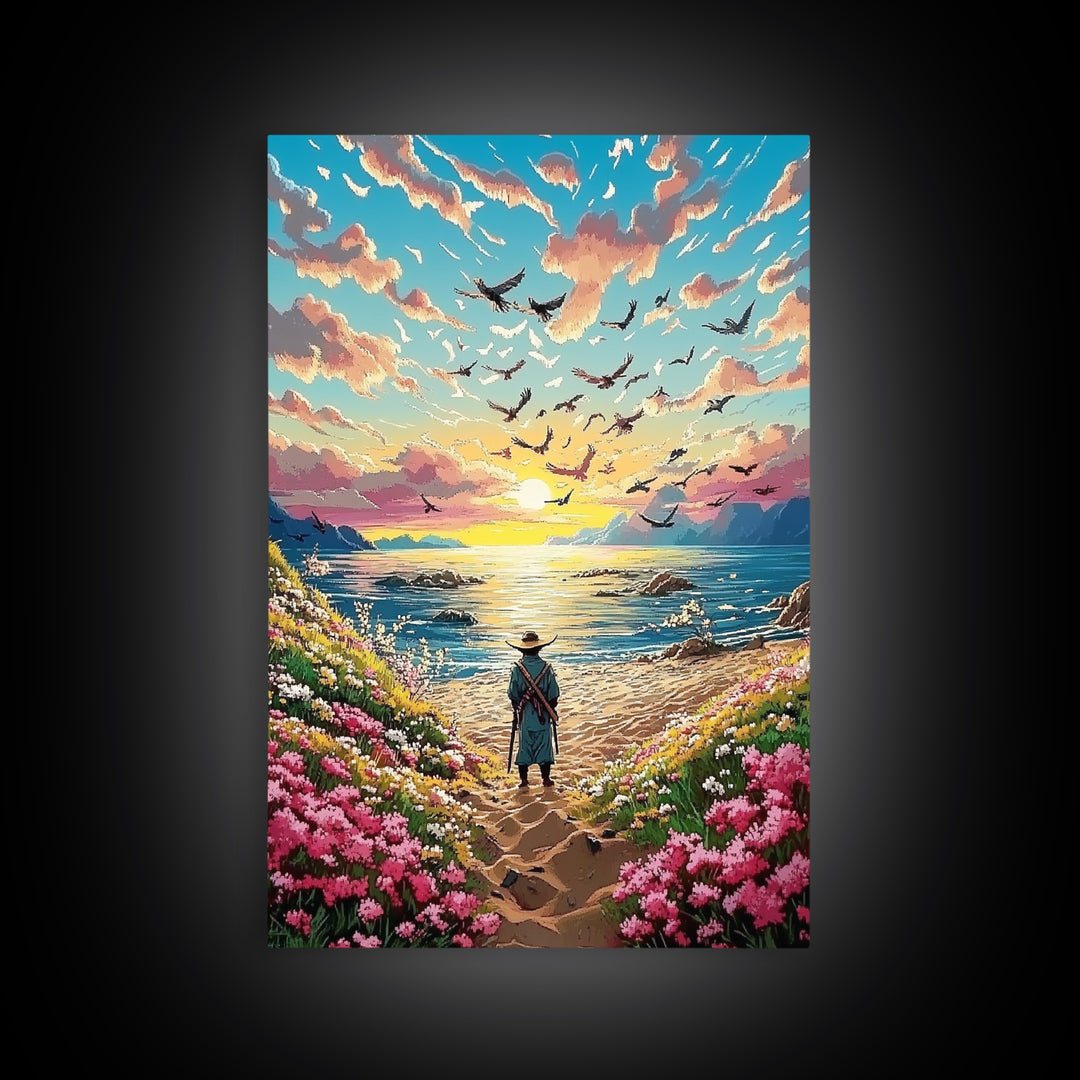 Lone Traveler On Wildflower Seaside Path Canvas Print, Coastal Sunset Wall Art, Ocean Landscape Decor, Beach House Print