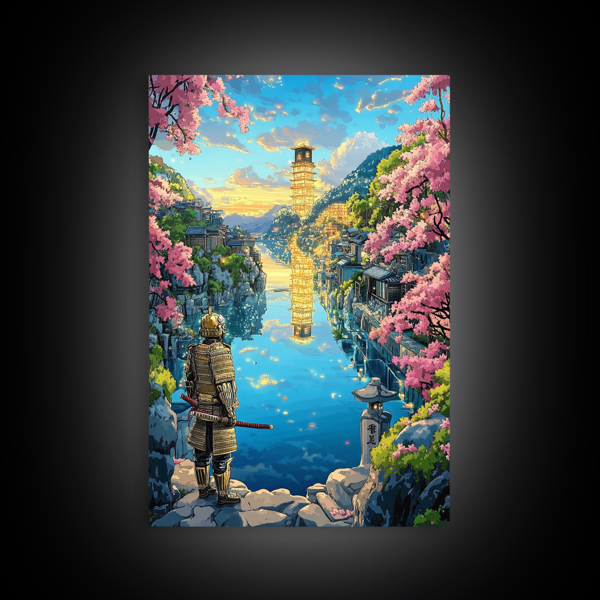 Samurai Overlooking Golden Pagoda Lake Wall Art, Japanese Cherry Blossom Canvas Print, Fantasy Landscape Home Decor Gift