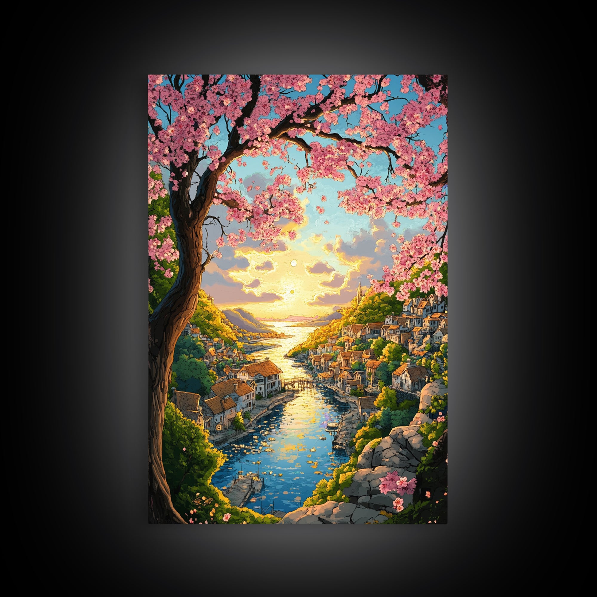 Cherry Blossom River Village Wall Art, Coastal Sunset Canvas Print, Japanese Landscape Art Print For Living Room Decor Gift