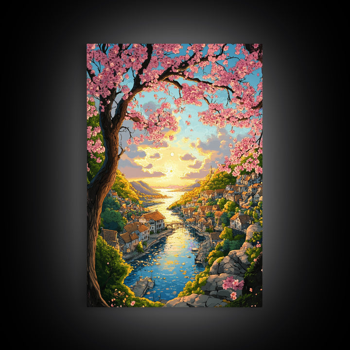 Cherry Blossom River Village Wall Art, Coastal Sunset Canvas Print, Japanese Landscape Art Print For Living Room Decor Gift