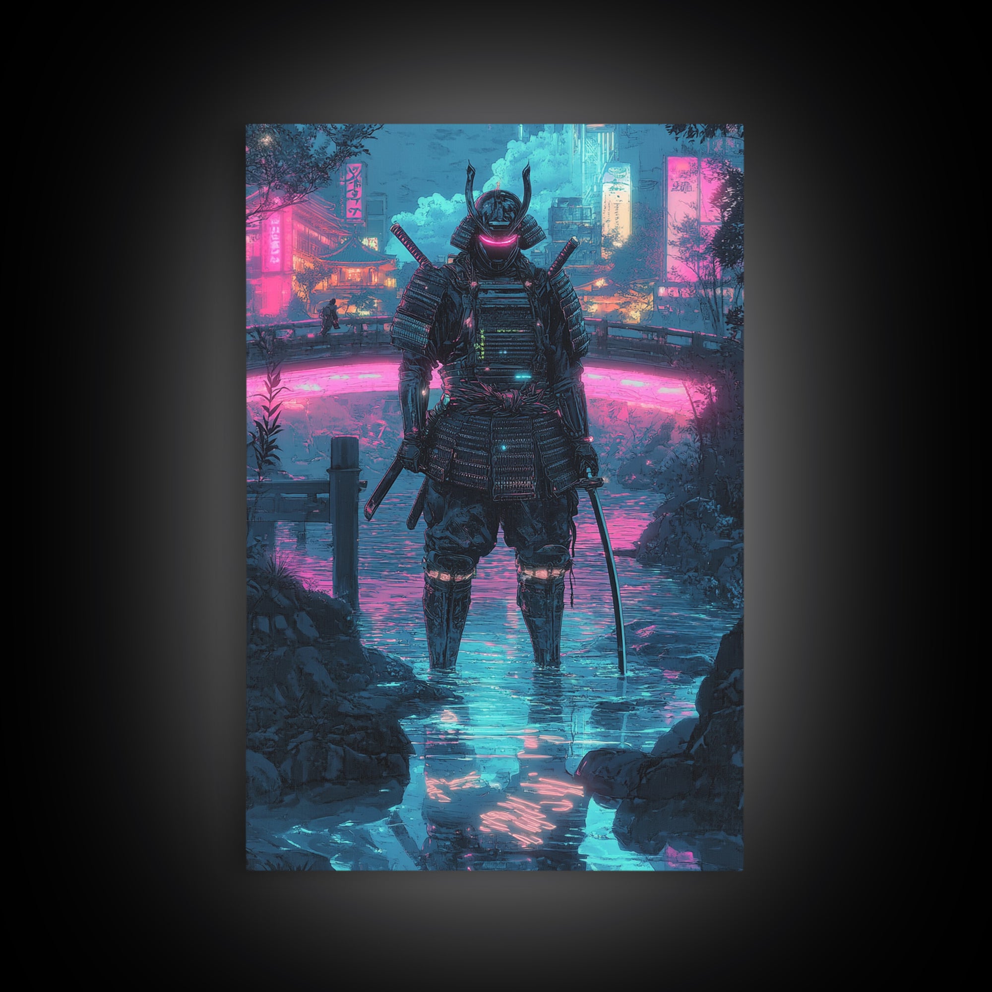 Neon Cyberpunk Samurai In Rain Wall Art, Futuristic City Canvas Print, Japanese Warrior Gaming Room Decor Gift For Him Poster