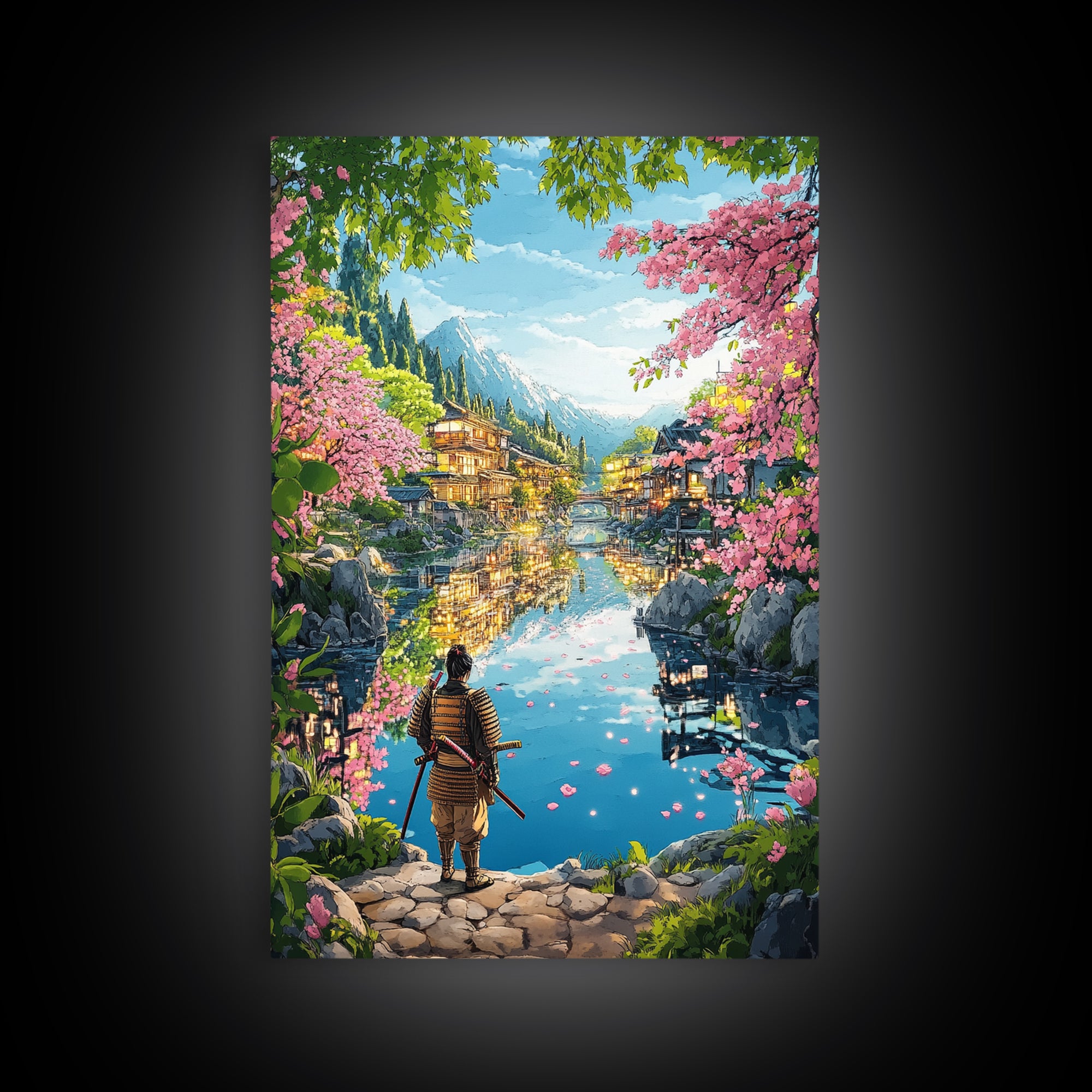 Samurai By Blossom Mountain Lake Wall Art, Japanese Village Framed Canvas Print, Serene Landscape Living Room Decor Gift