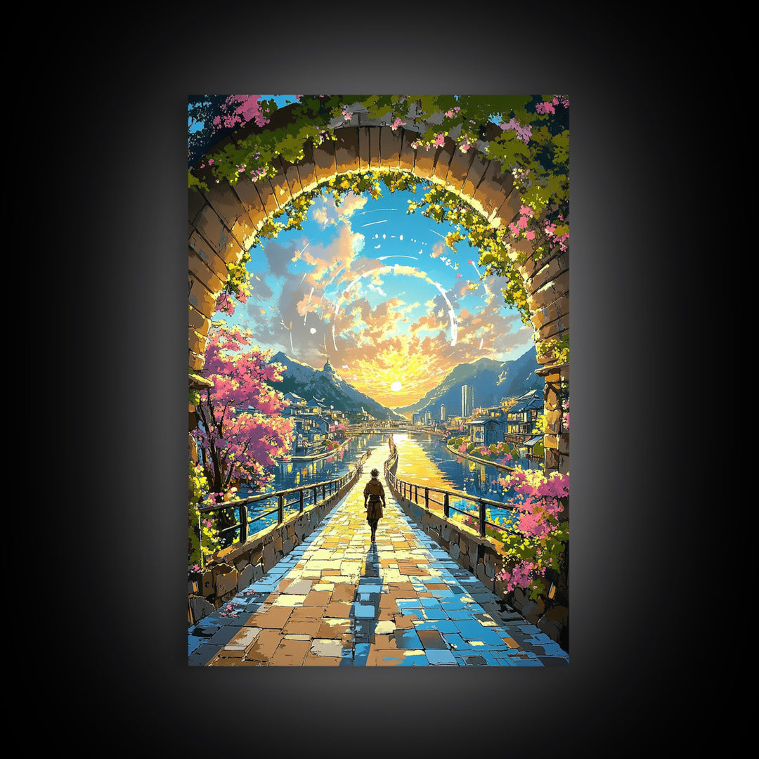 Sunlit Archway Over Canal Wall Art, Japanese Fantasy Canvas Print, Cherry Blossom Landscape Above Bed Decor Gift For Her