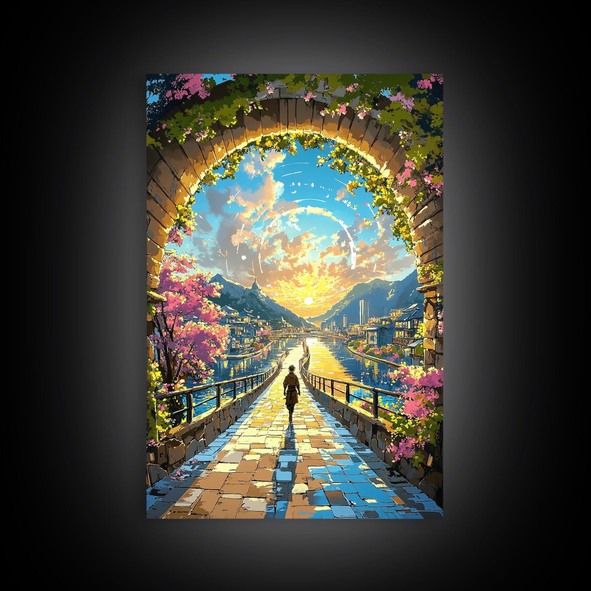 Sunlit Archway Over Canal Wall Art, Japanese Fantasy Canvas Print, Cherry Blossom Landscape Above Bed Decor Gift For Her