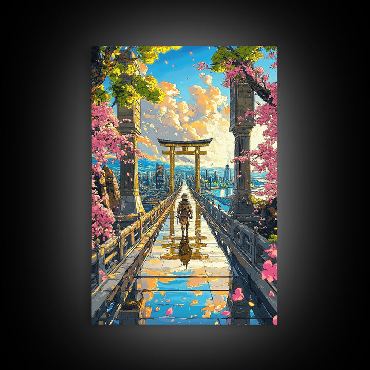 Samurai Crossing Torii Bridge Wall Art, Japanese Cherry Blossom Canvas Print, Scenic City Landscape Home Decor Gift For Her
