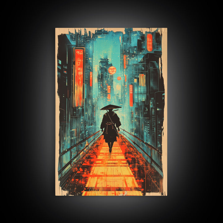 Lone Samurai With Umbrella Wall Art, Neon Cyberpunk City Canvas Print, Japanese Rainy Night Poster Home Office Decor Gift