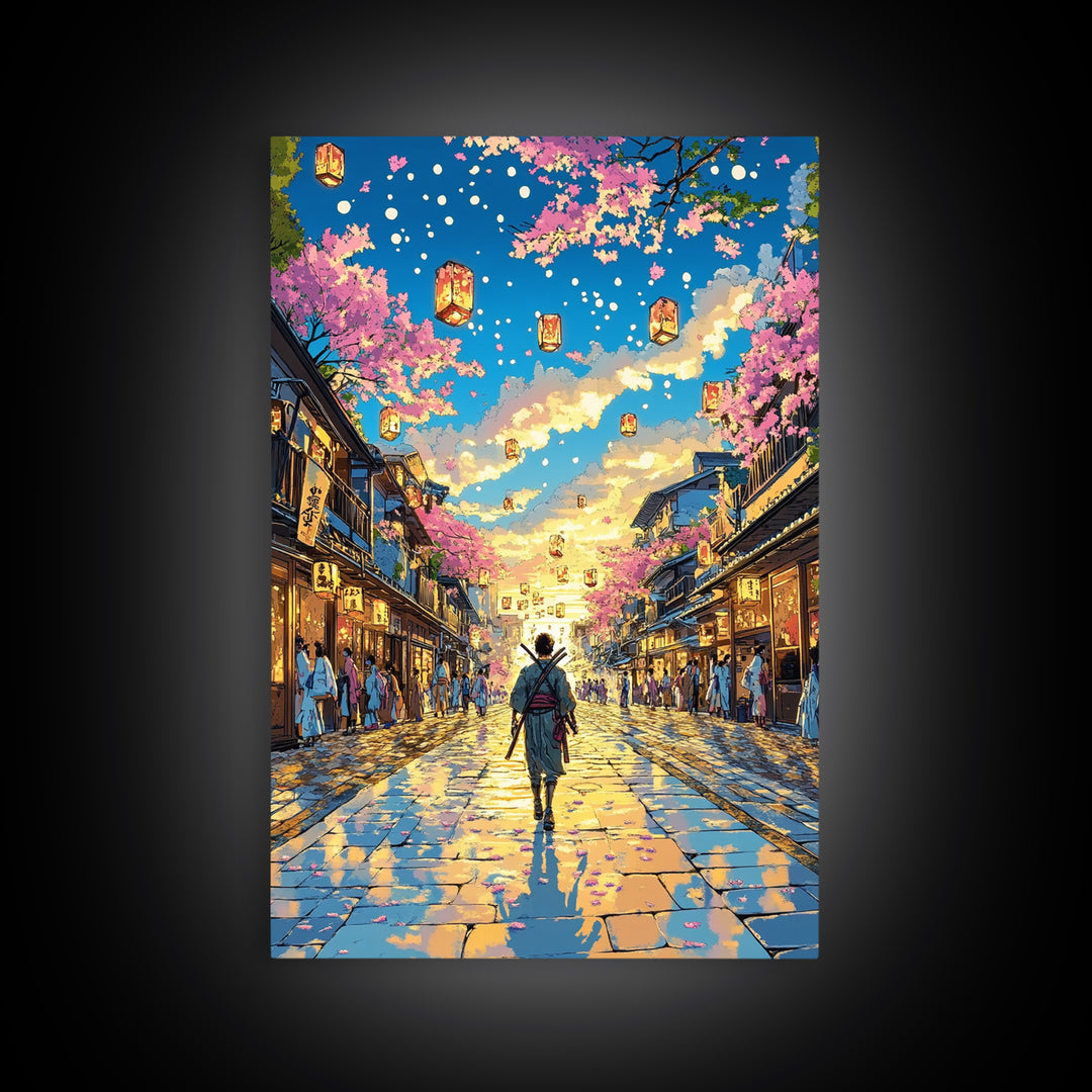Samurai Lantern Festival Street Wall Art, Japanese Cherry Blossom Canvas Print, Colorful Anime Inspired Home Decor Gift Print