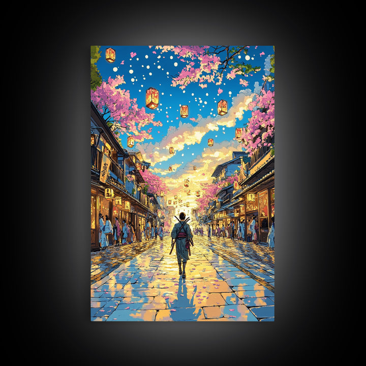 Samurai Lantern Festival Street Wall Art, Japanese Cherry Blossom Canvas Print, Colorful Anime Inspired Home Decor Gift Print