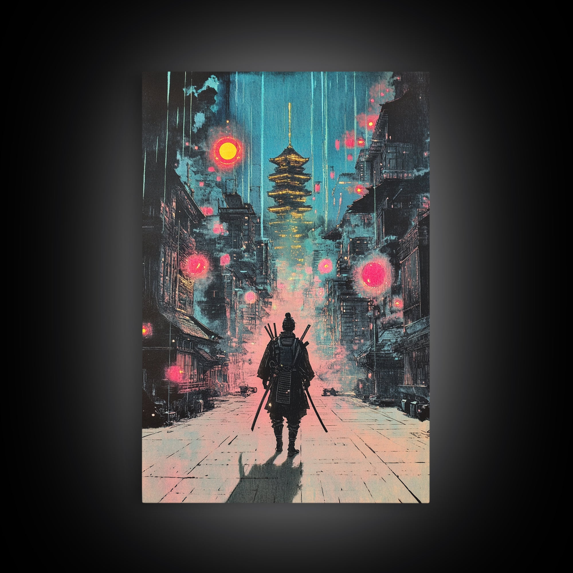 Moody Rain Samurai And Pagoda Wall Art, Japanese Cyberpunk Canvas Print, Dark Neon Cityscape Office Decor Gift For Him Poster
