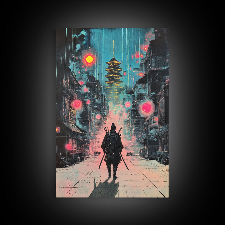 Moody Rain Samurai And Pagoda Wall Art, Japanese Cyberpunk Canvas Print, Dark Neon Cityscape Office Decor Gift For Him Poster
