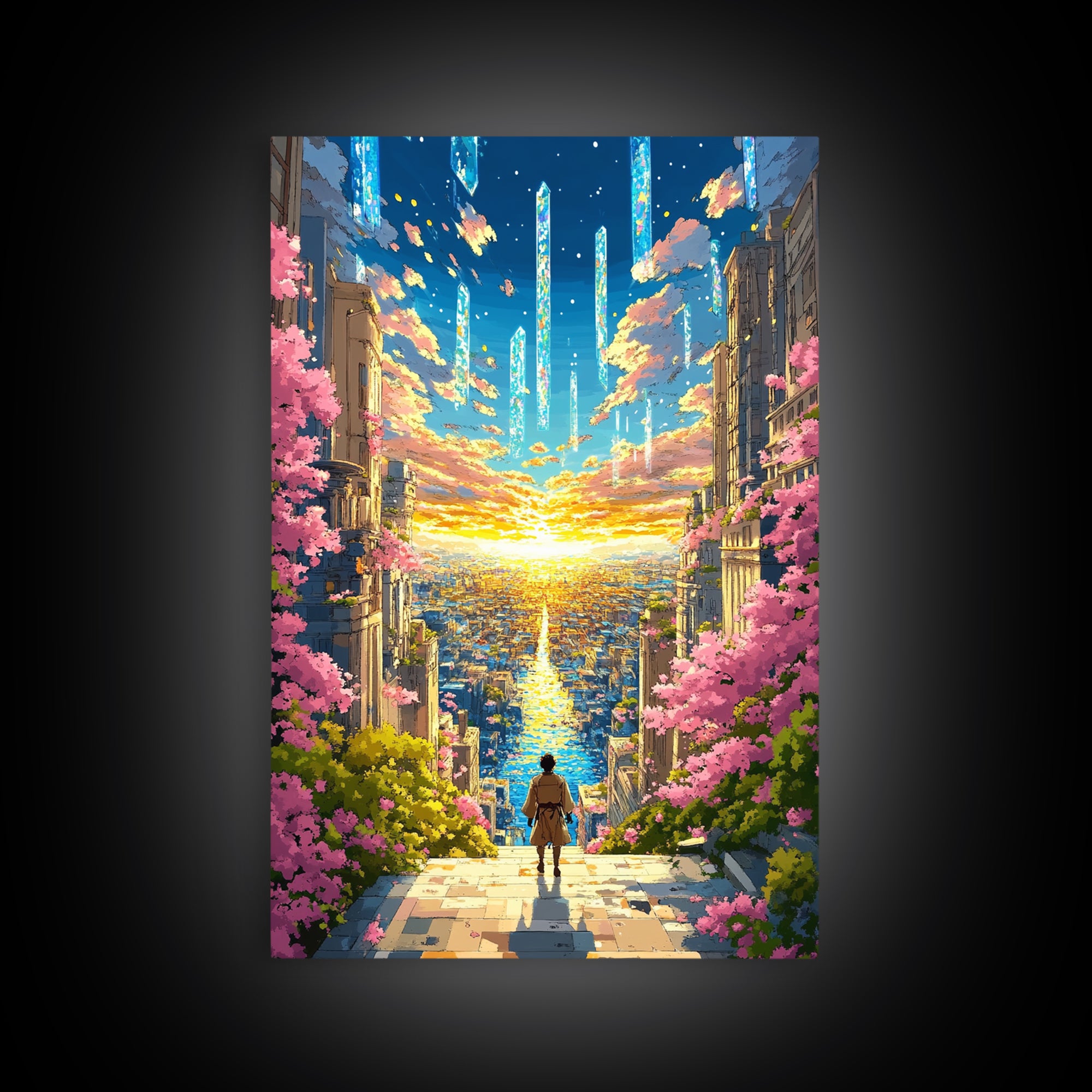 Futuristic City Sunset Vista Wall Art, Cherry Blossom Sci Fi Canvas Print, Vibrant Anime Landscape Living Room Decor Gift