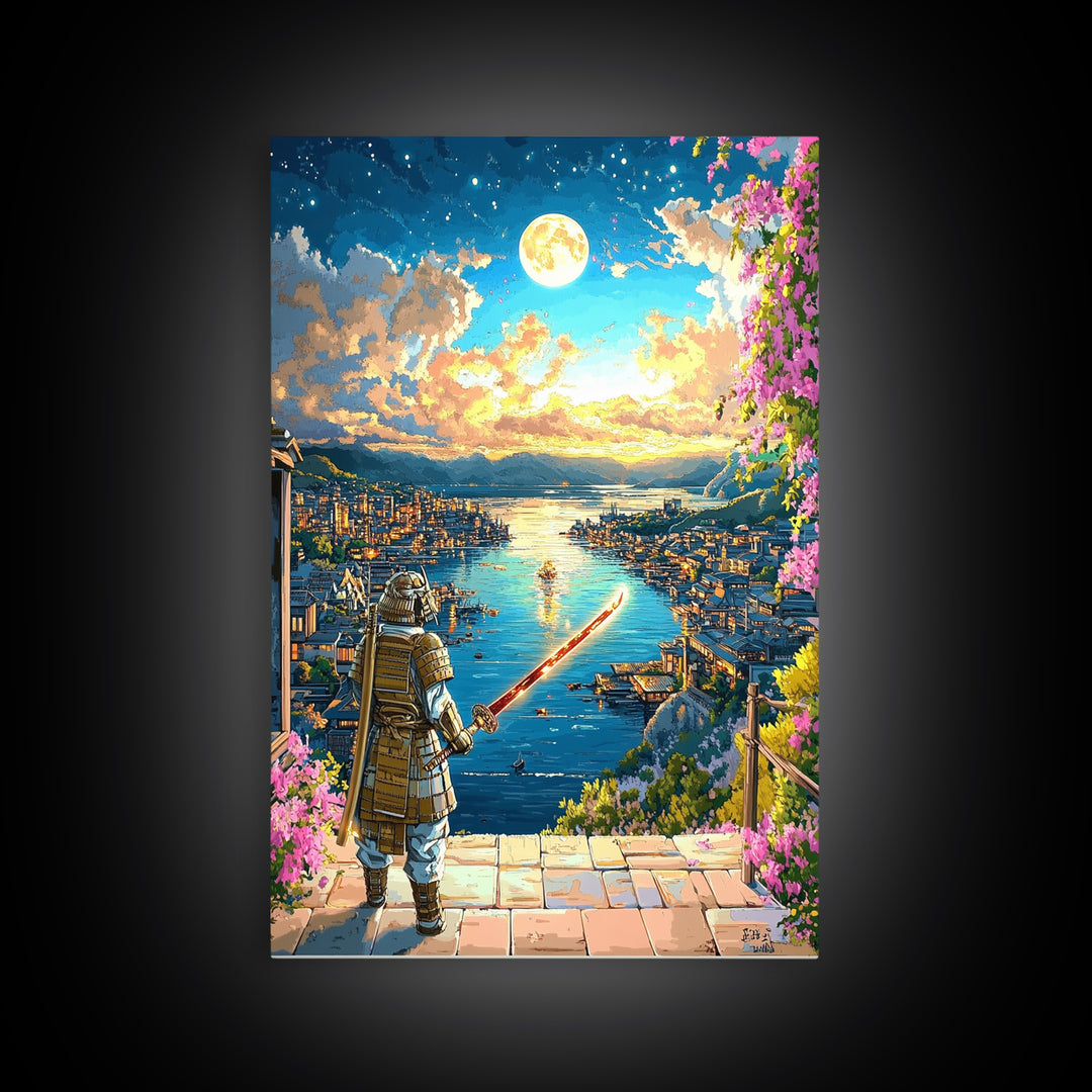 Moonlit Samurai Over Coastal Harbor Wall Art, Japanese Fantasy Landscape, Cherry Blossom Decor, Samurai Canvas, Gift For Him