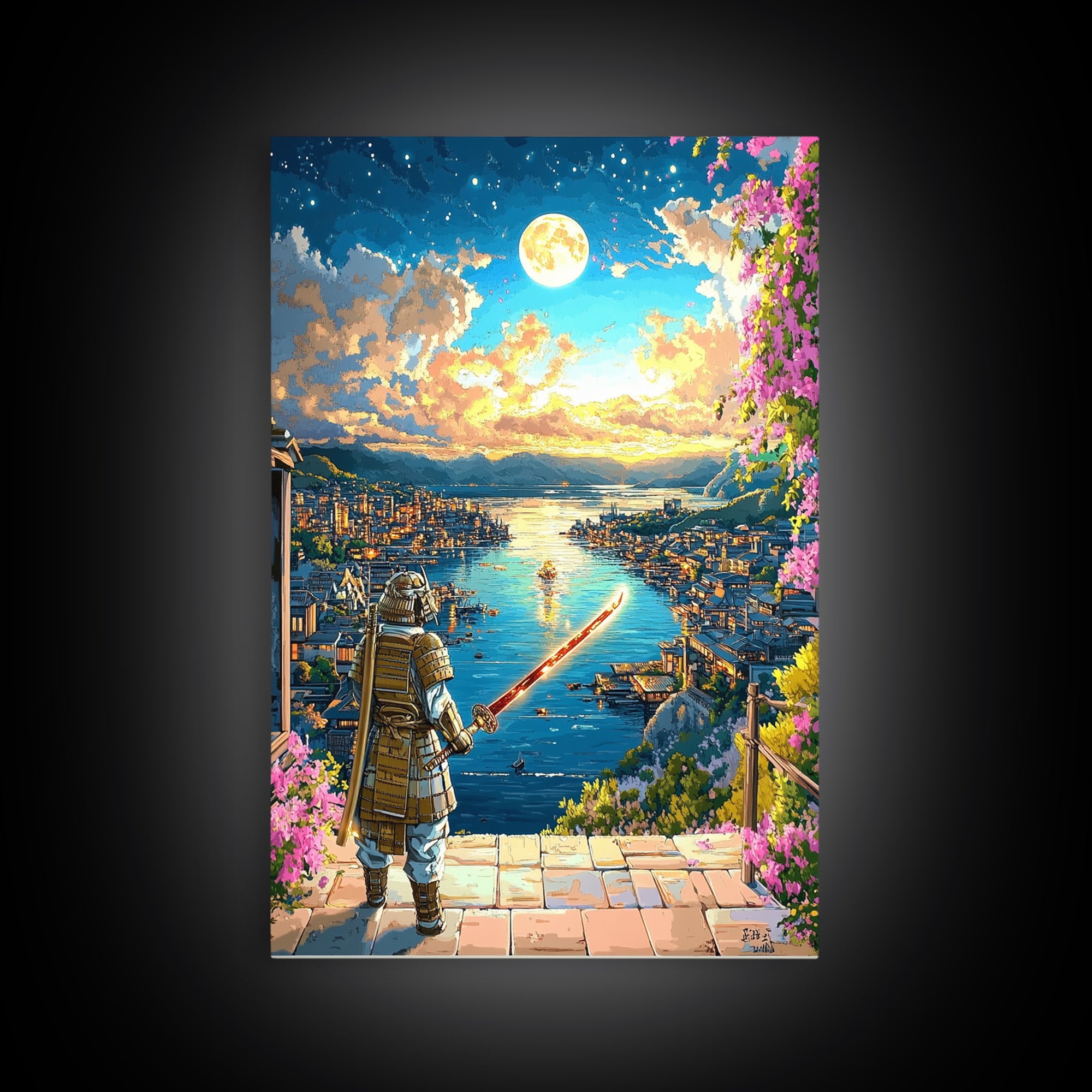 Moonlit Samurai Over Coastal Harbor Wall Art, Japanese Fantasy Landscape, Cherry Blossom Decor, Samurai Canvas, Gift For Him