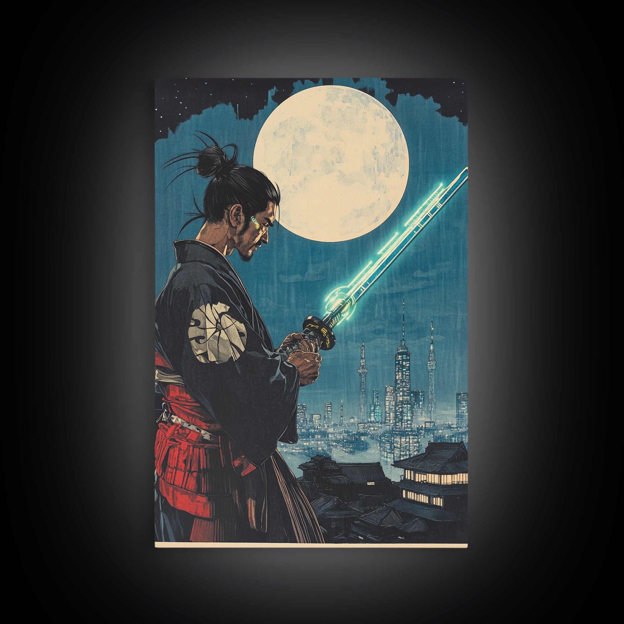 Cyber Samurai Under Full Moon Wall Art, Japanese Warrior Print, Sci Fi Cityscape, Neon Sword Decor, Masculine Office Art
