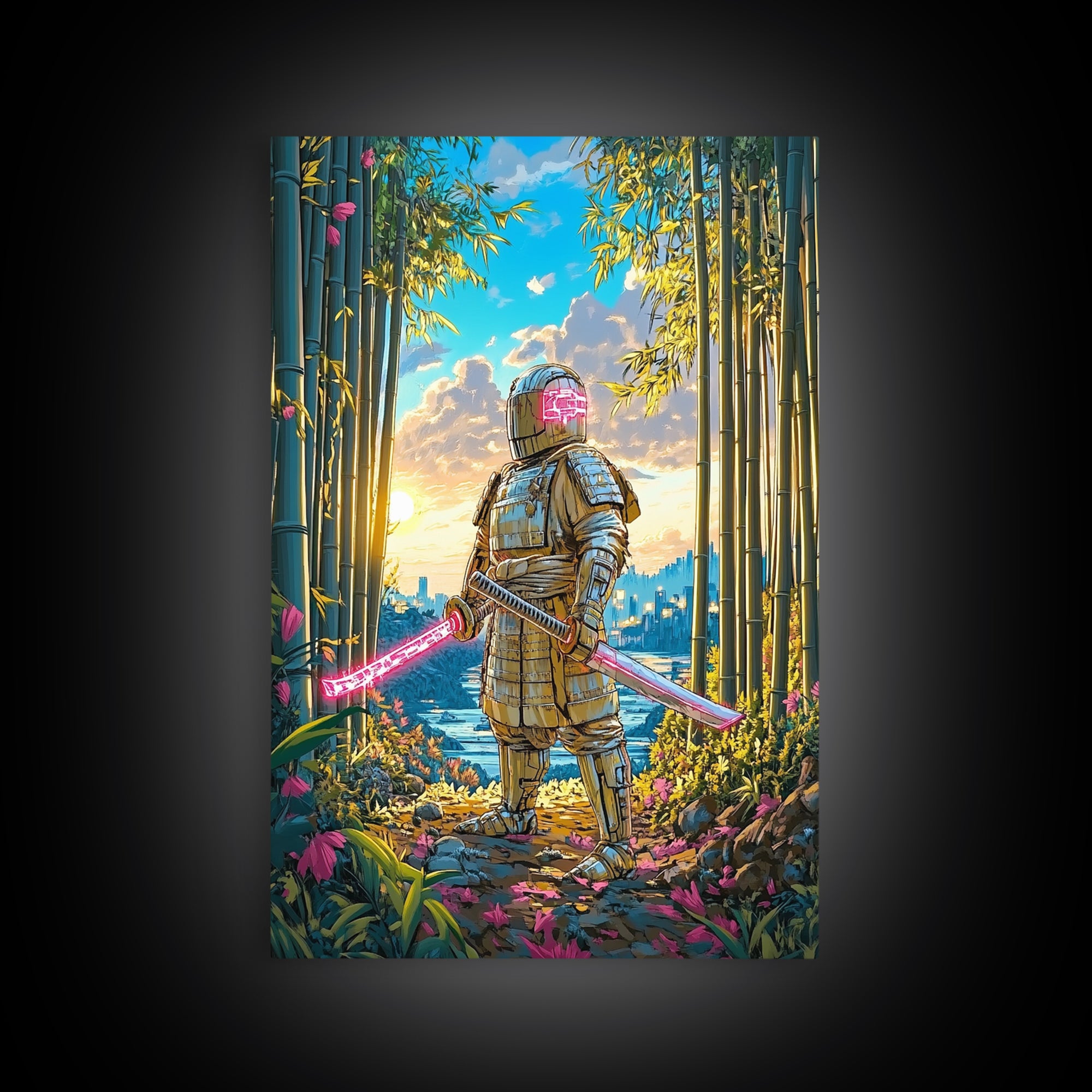Armored Samurai In Bamboo Forest Canvas Print, Japanese Wall Art, Neon Sword Landscape, Sci Fi Warrior Decor, Gift For Him