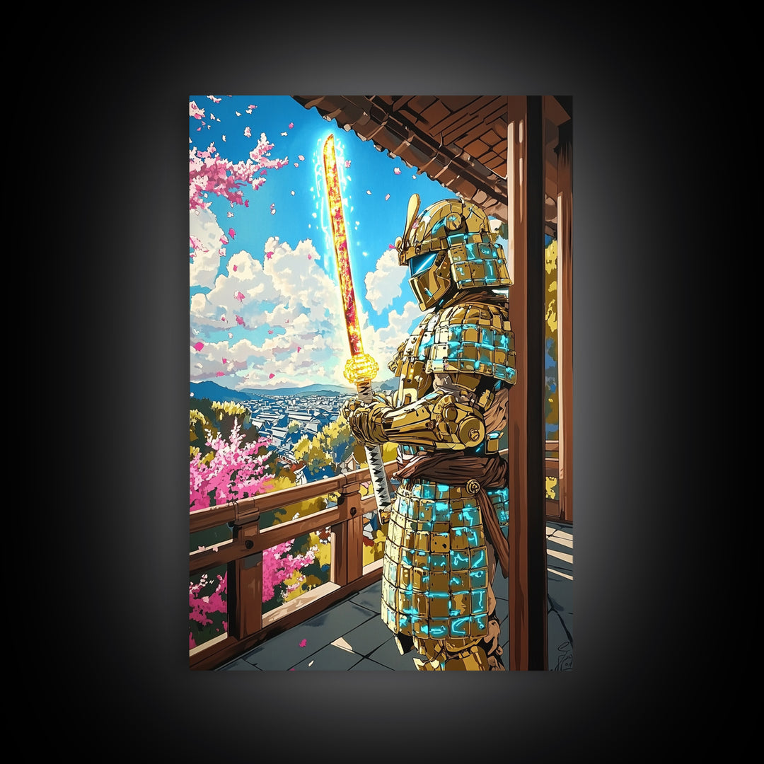 Golden Samurai On Cherry Blossom Balcony Wall Art, Japanese Seascape Print, Fantasy Warrior Wall Decor, Unique Gift For Him