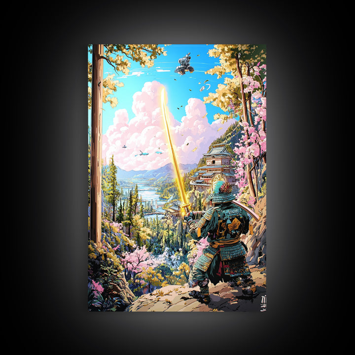 Samurai With Golden Sword Above Mountain Castle Wall Art, Japanese Landscape Print, Cherry Blossom Decor, Fantasy Wall Decor