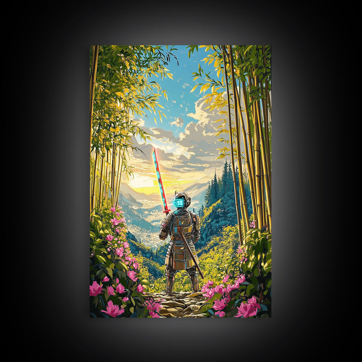 Neon Samurai In Bamboo Mountain Valley Canvas Print, Japanese Wall Art, Sunrise Landscape, Fantasy Home Decor, Gift For Him