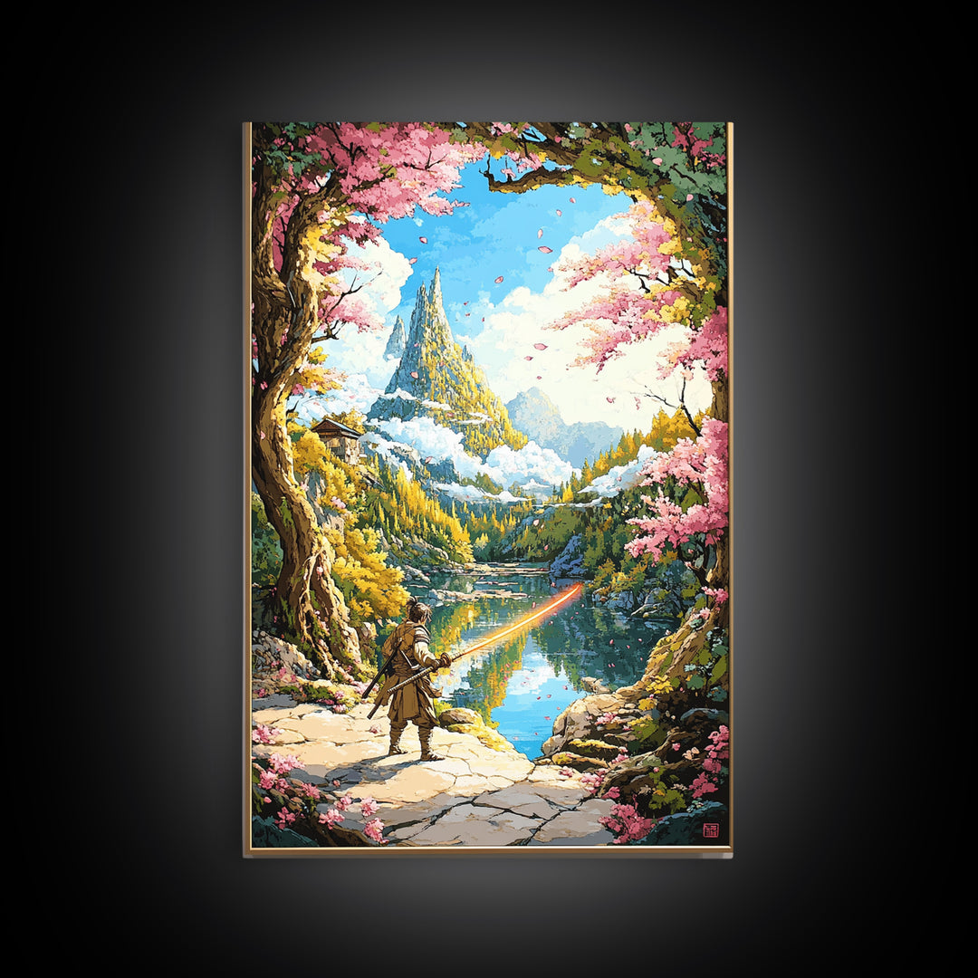 Wandering Samurai By Lake And Mountain Castle Wall Art, Japanese Fantasy Landscape, Cherry Blossom Print, Scenic Home Decor
