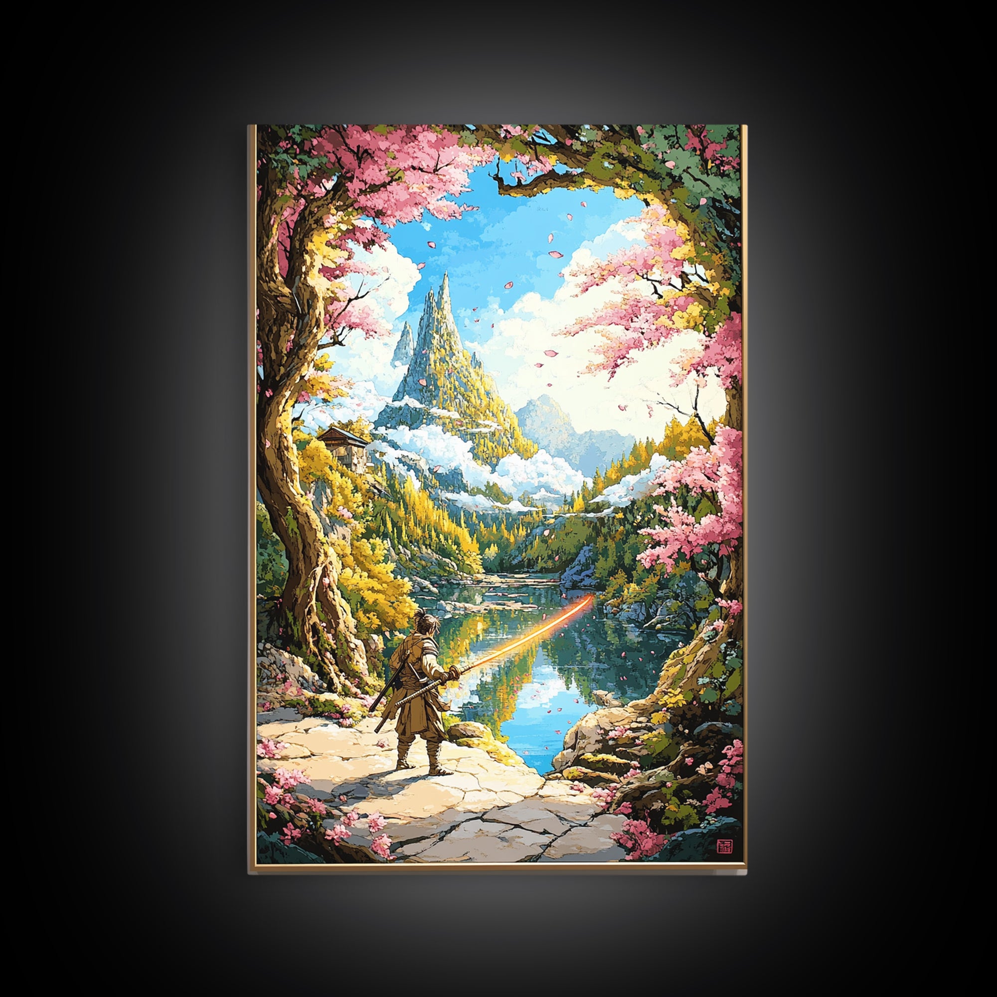 Wandering Samurai By Lake And Mountain Castle Wall Art, Japanese Fantasy Landscape, Cherry Blossom Print, Scenic Home Decor