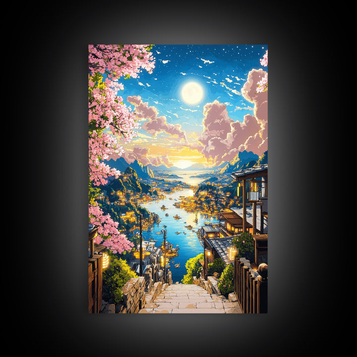 Moonlit Harbor Steps With Cherry Blossoms Wall Art, Japanese Coastal Landscape, Fantasy Seascape Print, Living Room Decor
