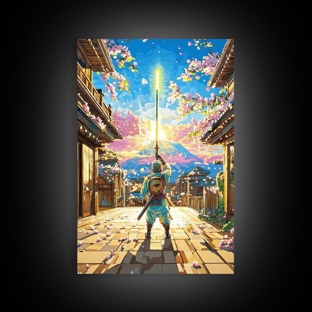 Samurai Raising Neon Sword In Cherry Blossom Village Canvas Print, Japanese Wall Art, Mount Fuji Decor, Fantasy Gift For Him
