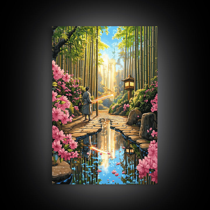 Samurai In Bamboo Garden With Cherry Blossoms Wall Art, Japanese Fantasy Canvas, Zen Landscape, Living Room Decor, Home Decor Gift