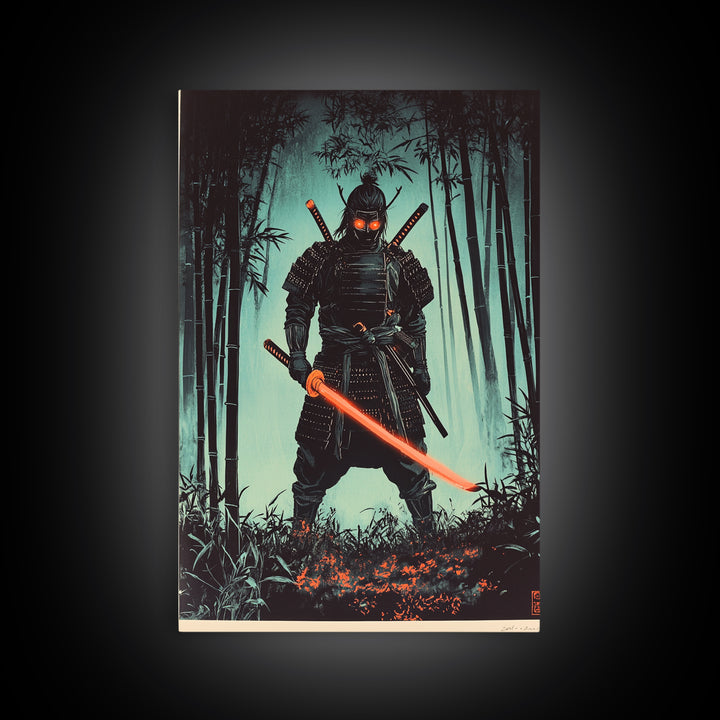 Dark Samurai In Bamboo Forest Framed Canvas Print, Japanese Warrior Wall Decor, Cyberpunk Fantasy Art, Gift For Him, Moody Office Decor