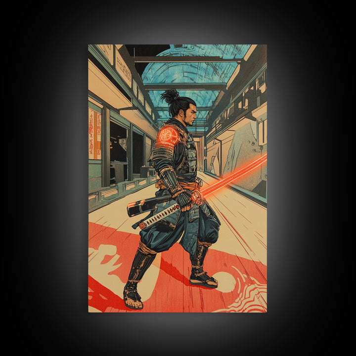 Futuristic Samurai In Subway Station Canvas Print, Japanese Cyberpunk Warrior, Sci Fi Wall Art, Gaming Room Decor Gift Idea